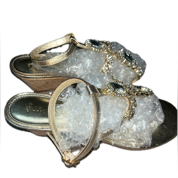 Lilly Pulitzer Glamorous Gold and Silver Jeweled Sandals with Ankle Straps, 7.5M - Picture 5 of 14
